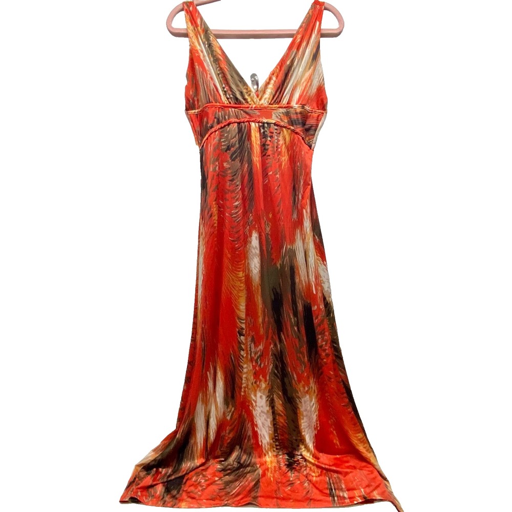 Raindrops by Papillon Maxi Dress Women's Large Orange Multi Pullover Stretch EUC